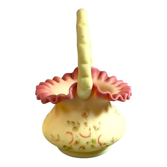 Fenton Hand-Painted Burmese Satin Glass Basket Ruffled Edge Floral Signed G Finn - Picture 1 of 9